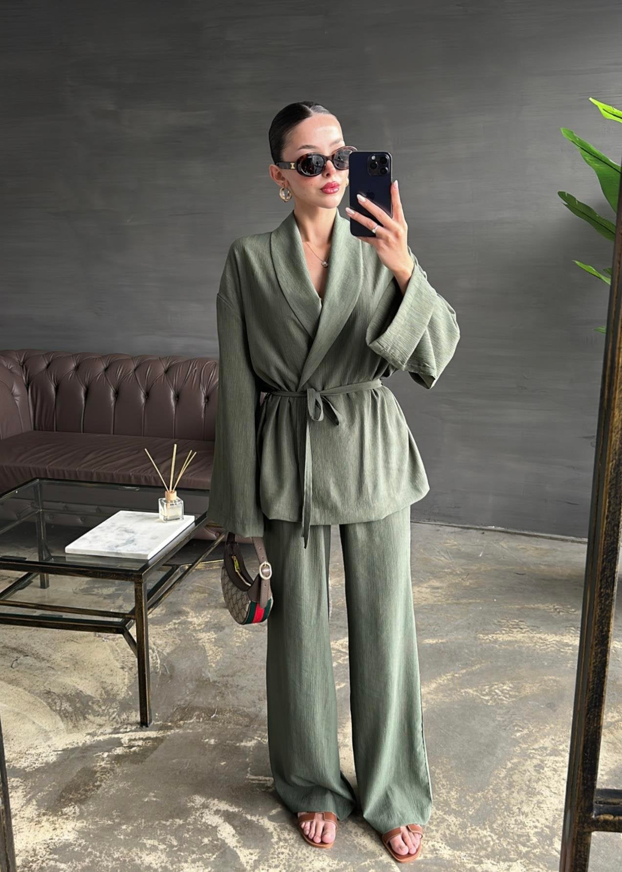 Şal Yaka Krinkıl Kimono Takım HAKİ