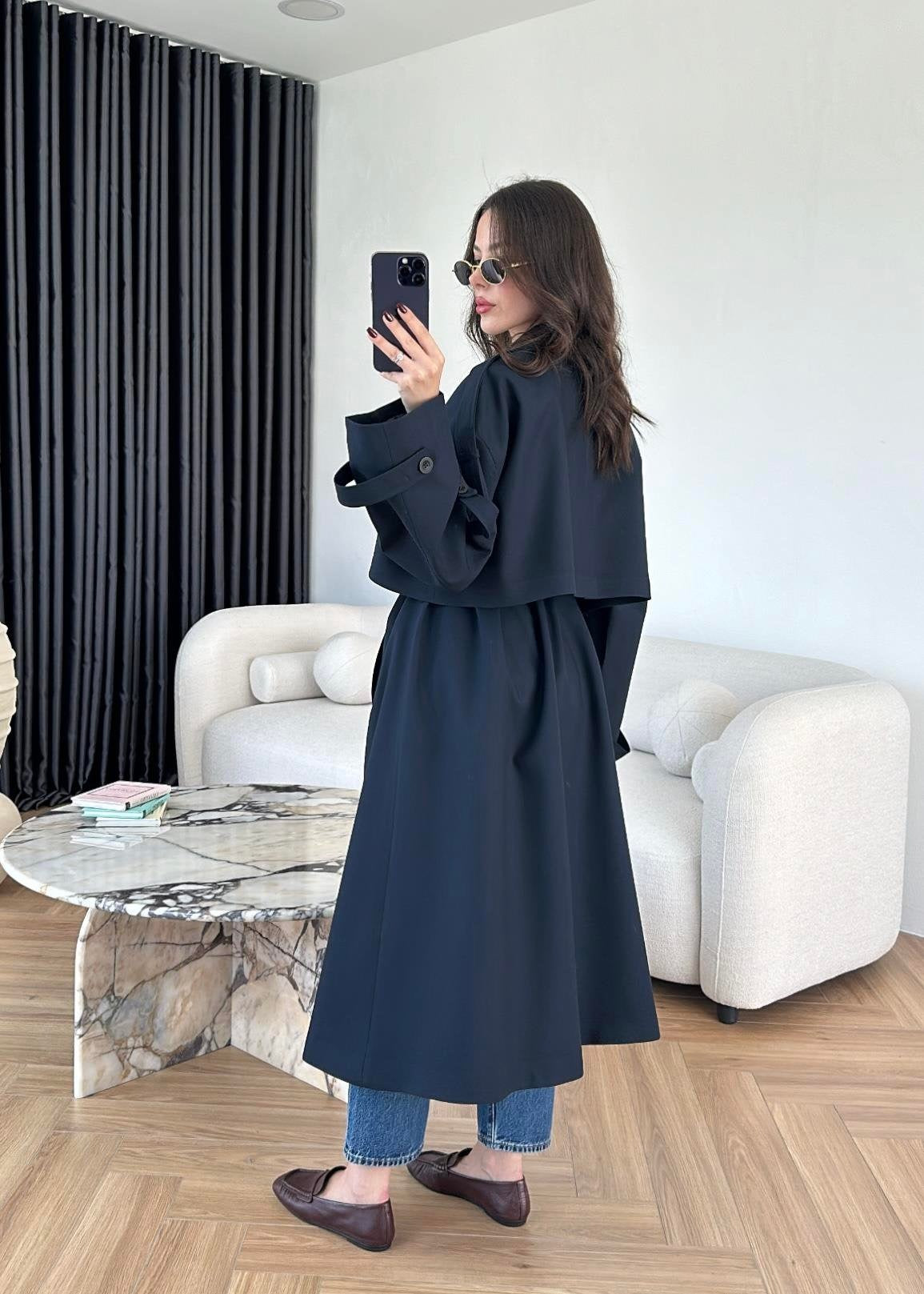 Omuzu Uzun Apoletli Trençkot LACİVERT