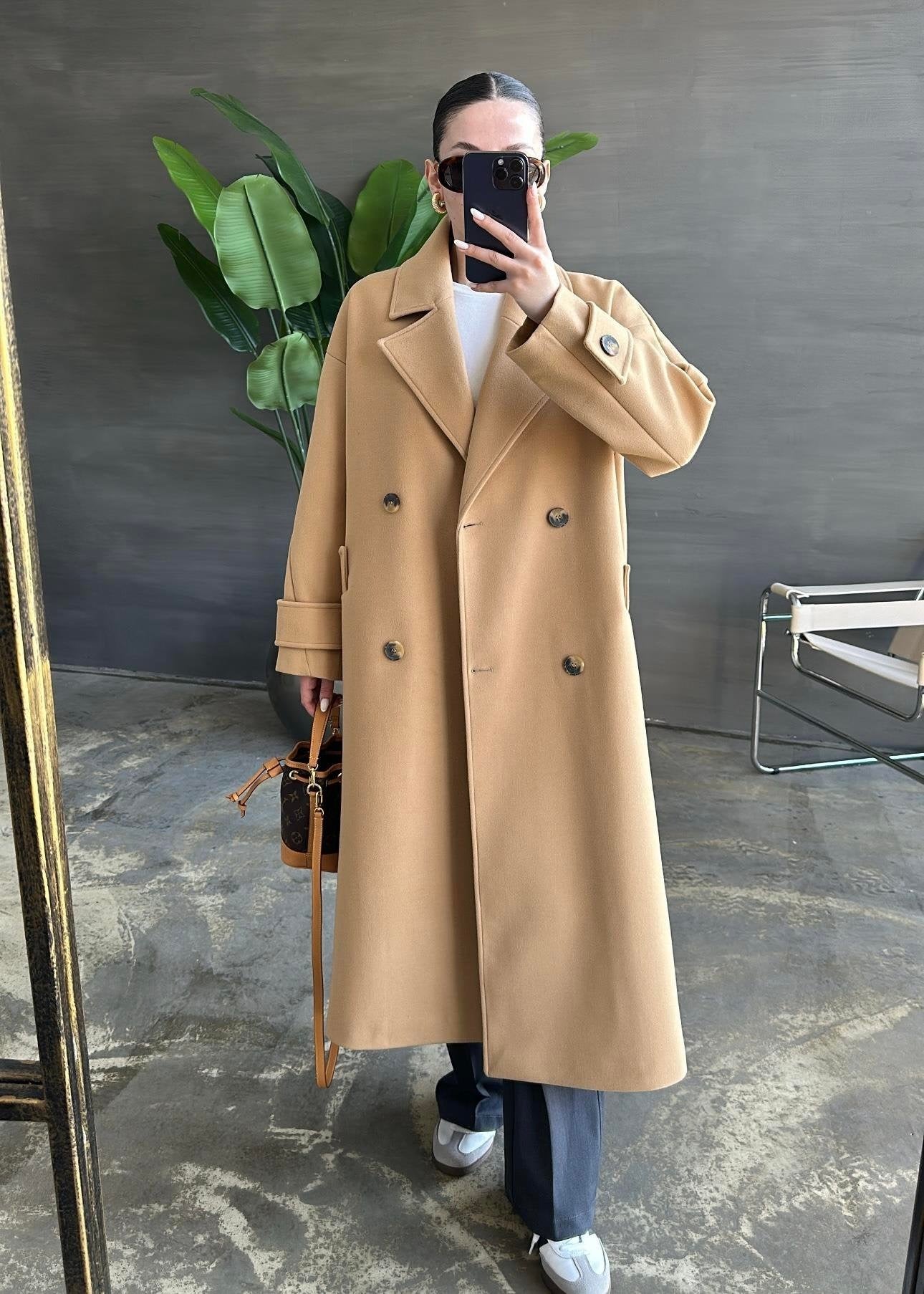 Kelebek Yakalı Uzun Kaban AÇIK CAMEL