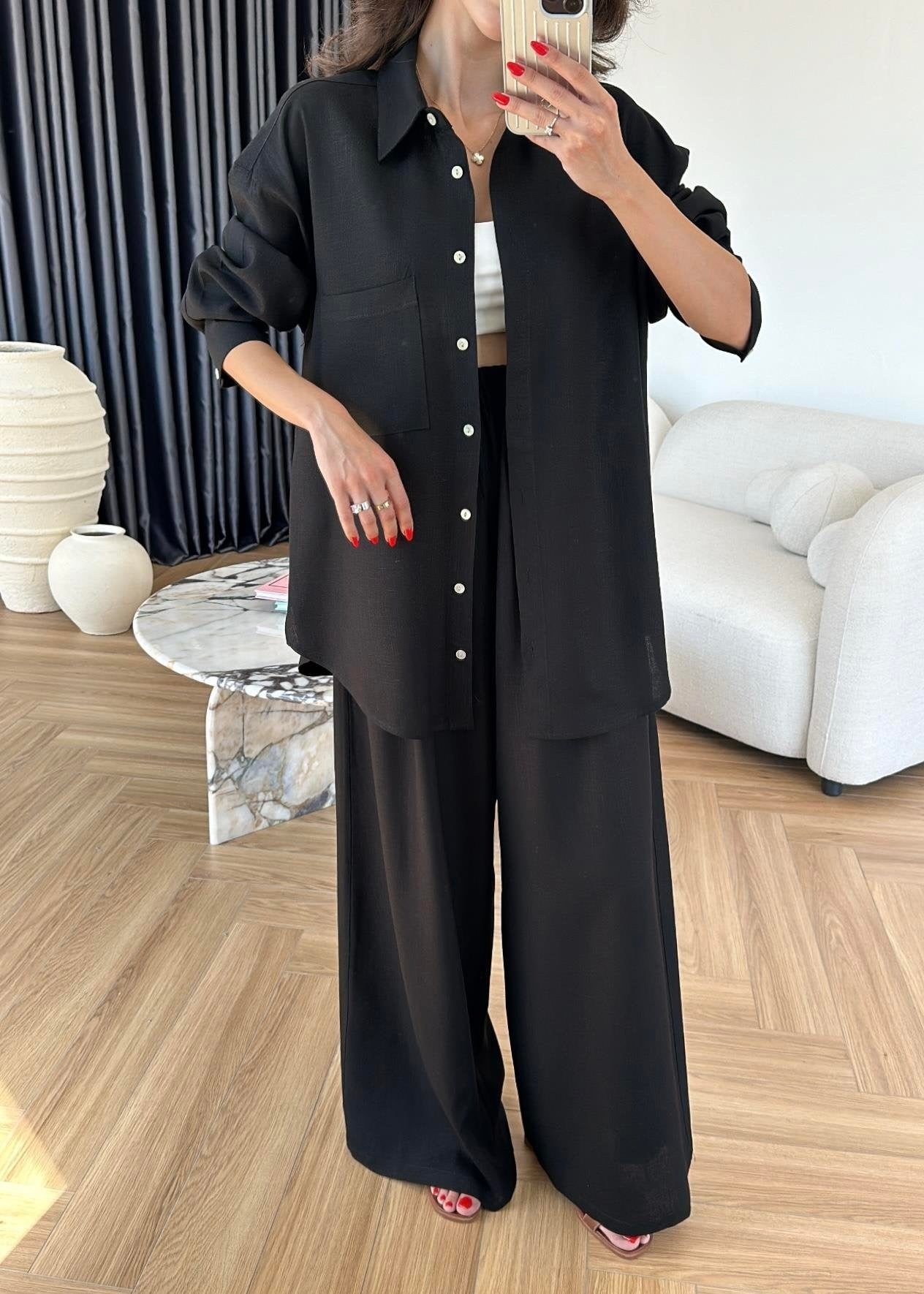 Sedef Düğmeli Uzun Keten Takım SİYAH