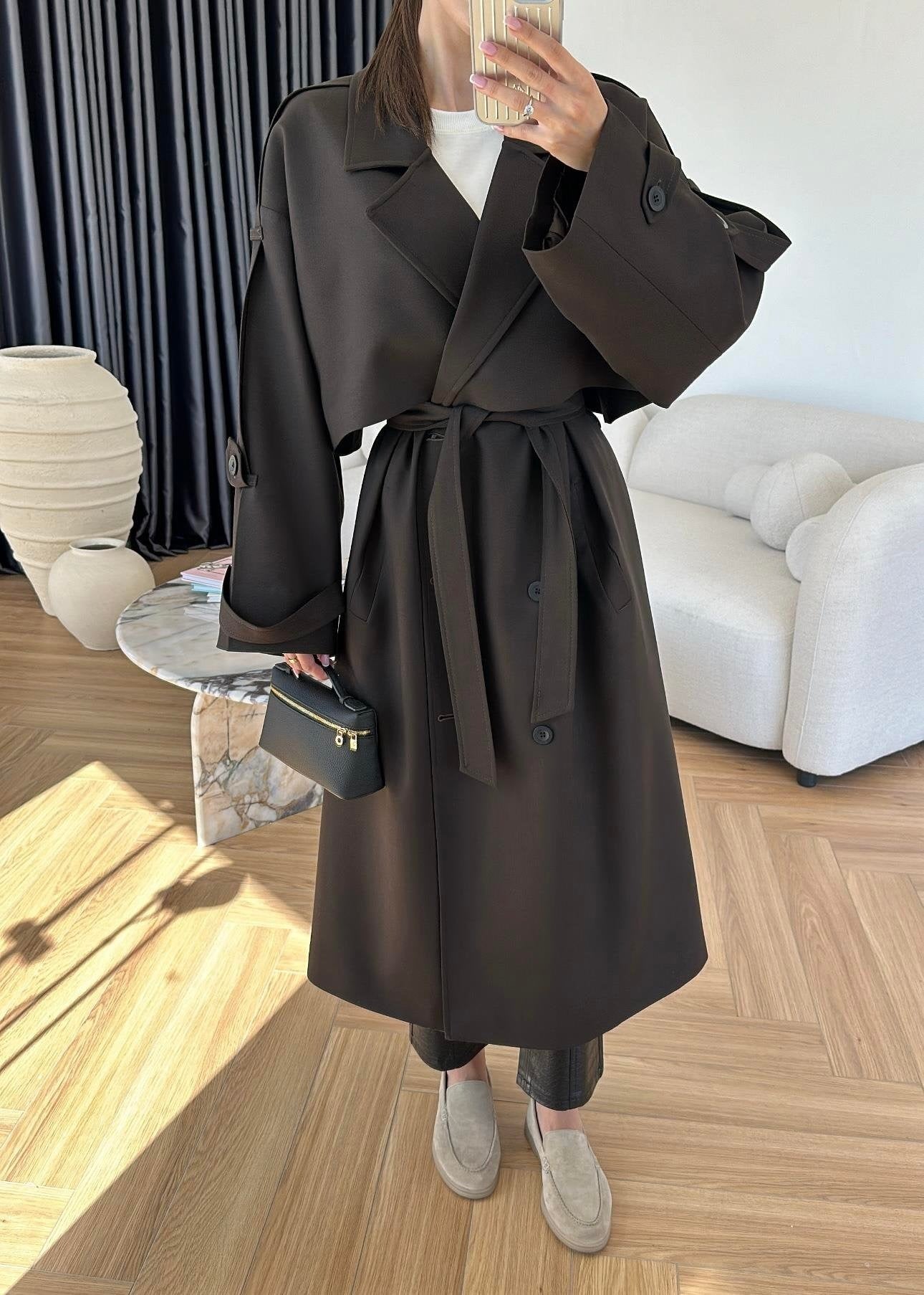 Omuzu Uzun Apoletli Trençkot ACI KAHVE