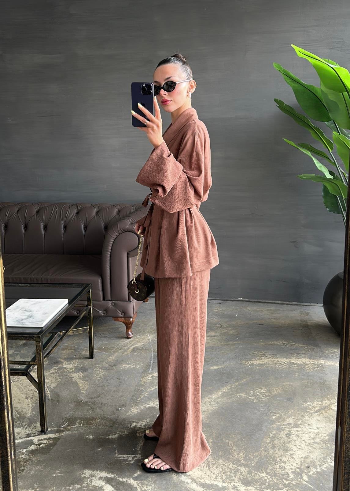 Şal Yaka Krinkıl Kimono Takım KAHVE