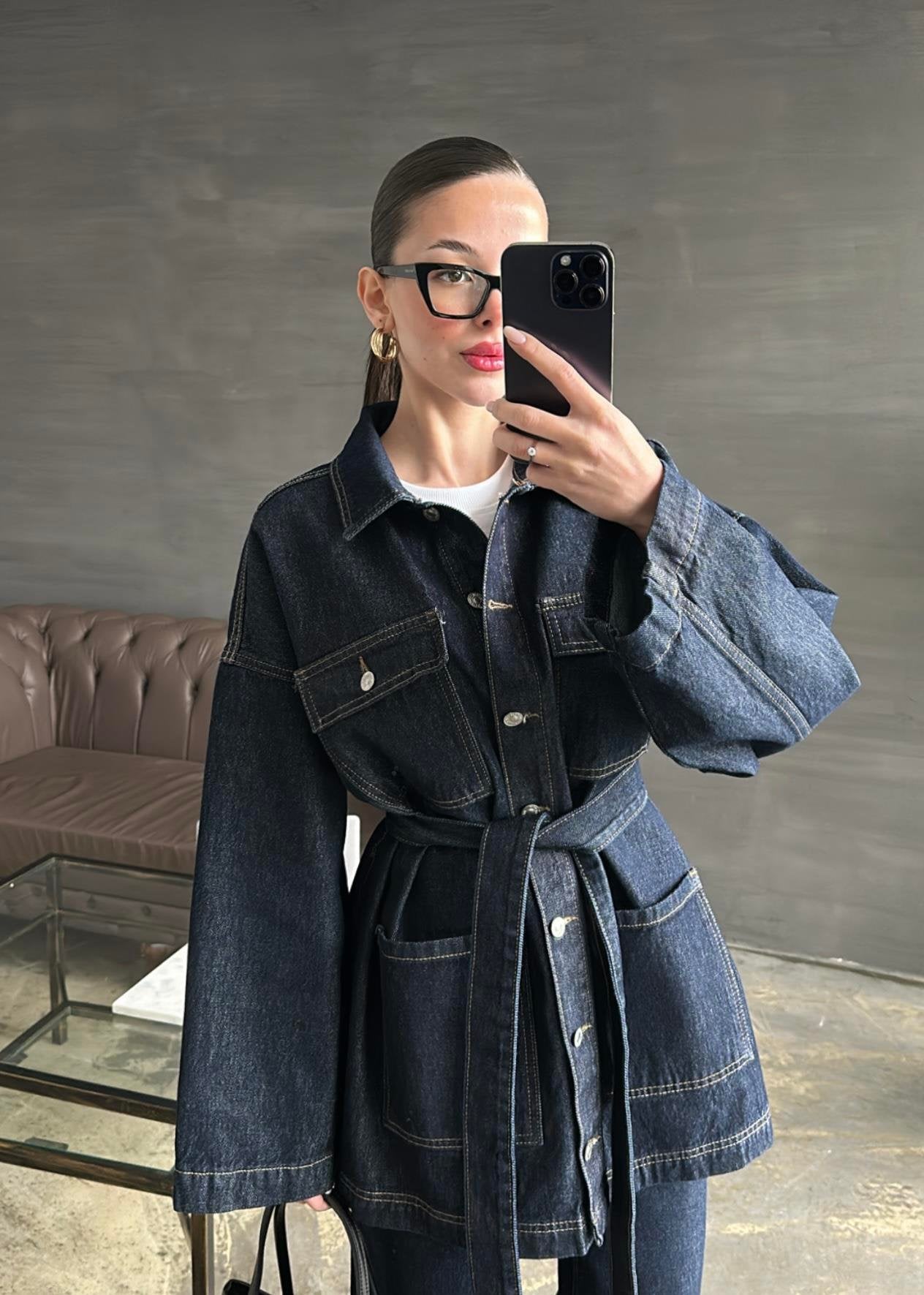 Uzun Ceketli Denim Takım KOYU LACİVERT