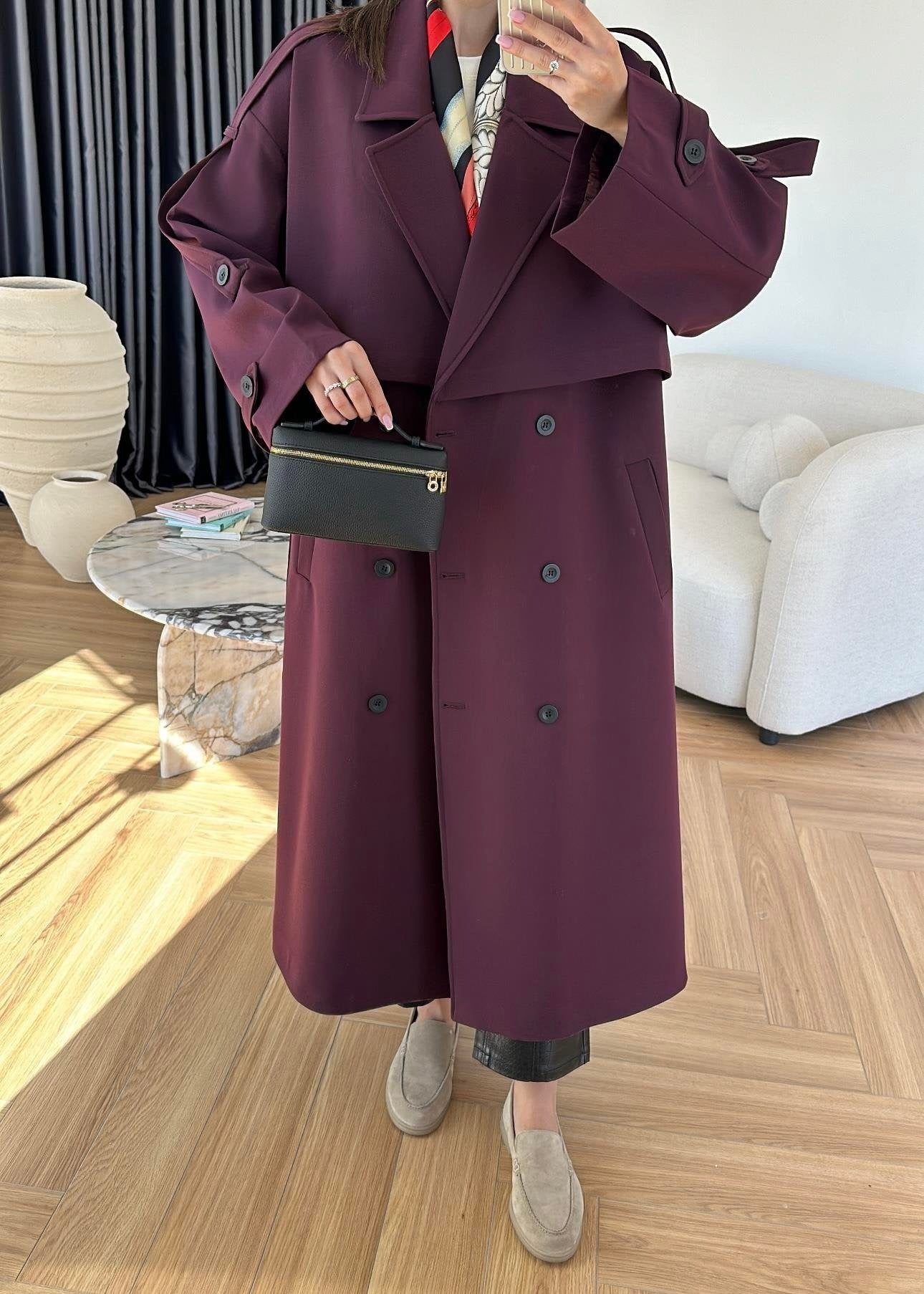 Omuzu Uzun Apoletli Trençkot MÜRDÜM