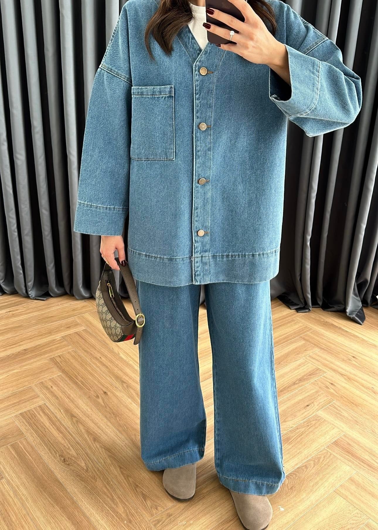 V Yakalı Denim Takım AÇIK MAVİ