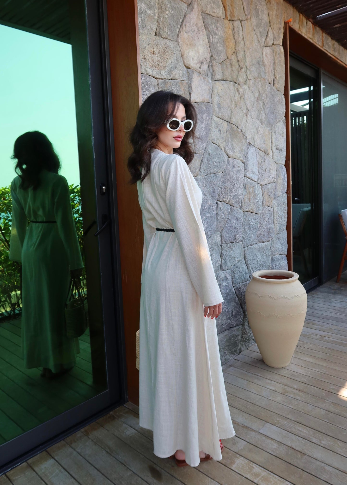 Deri Kemerli Keten Elbise EKRU