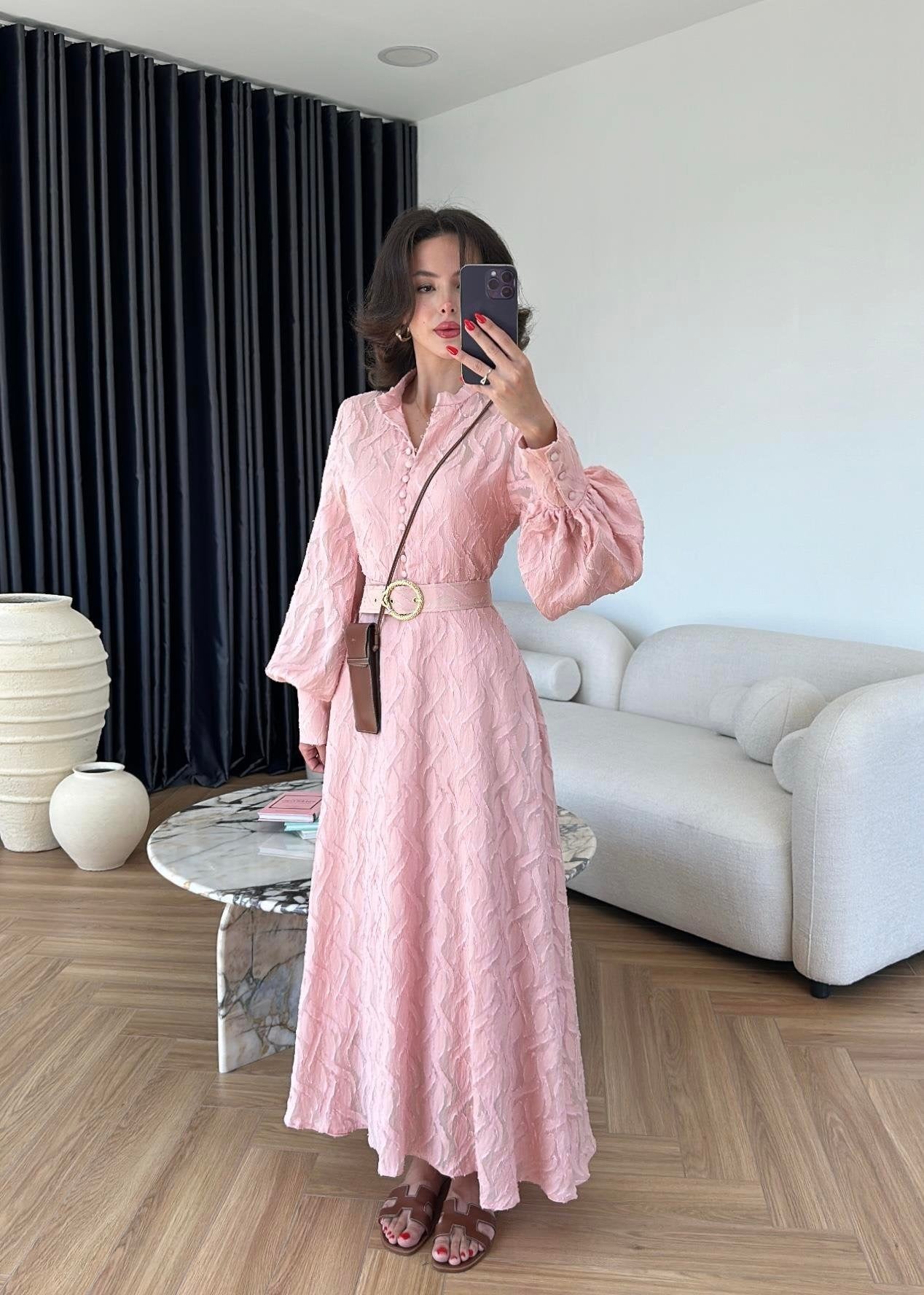 Kemerli Marka Muadil Elbise PUDRA PEMBE