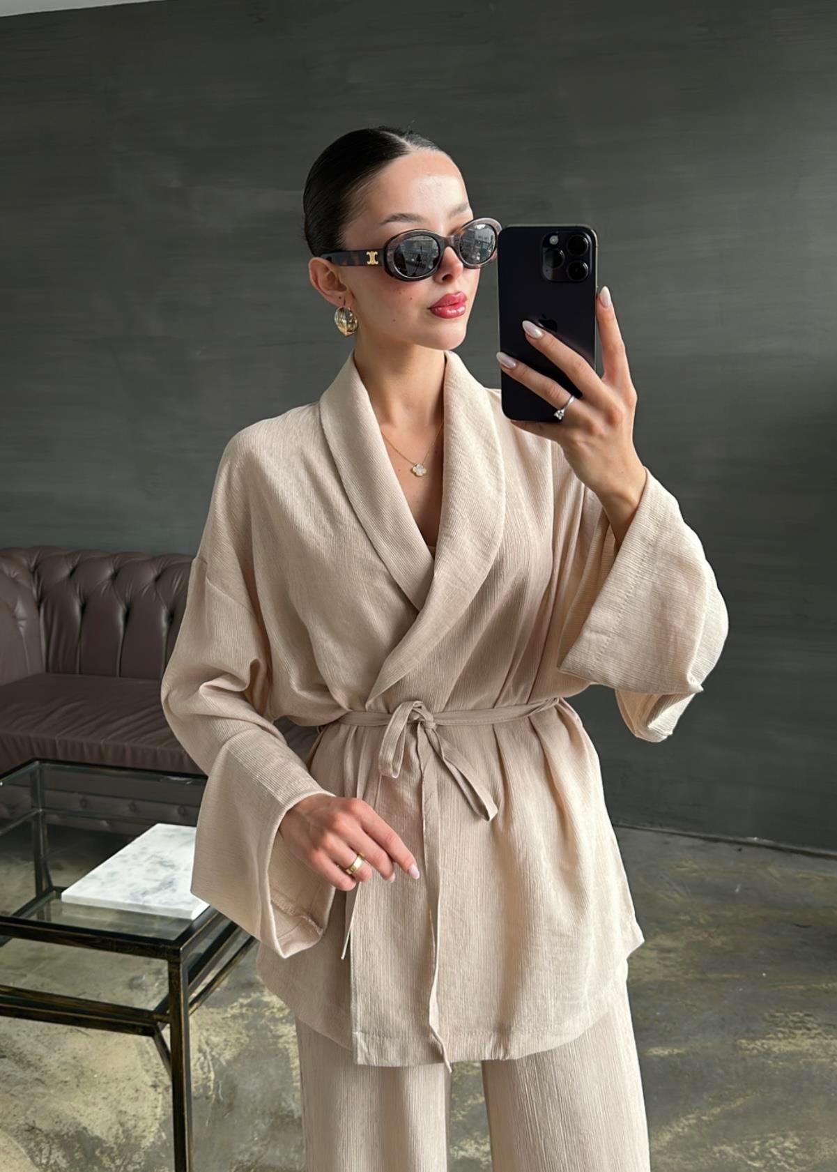 Şal Yaka Krinkıl Kimono Takım TAŞ