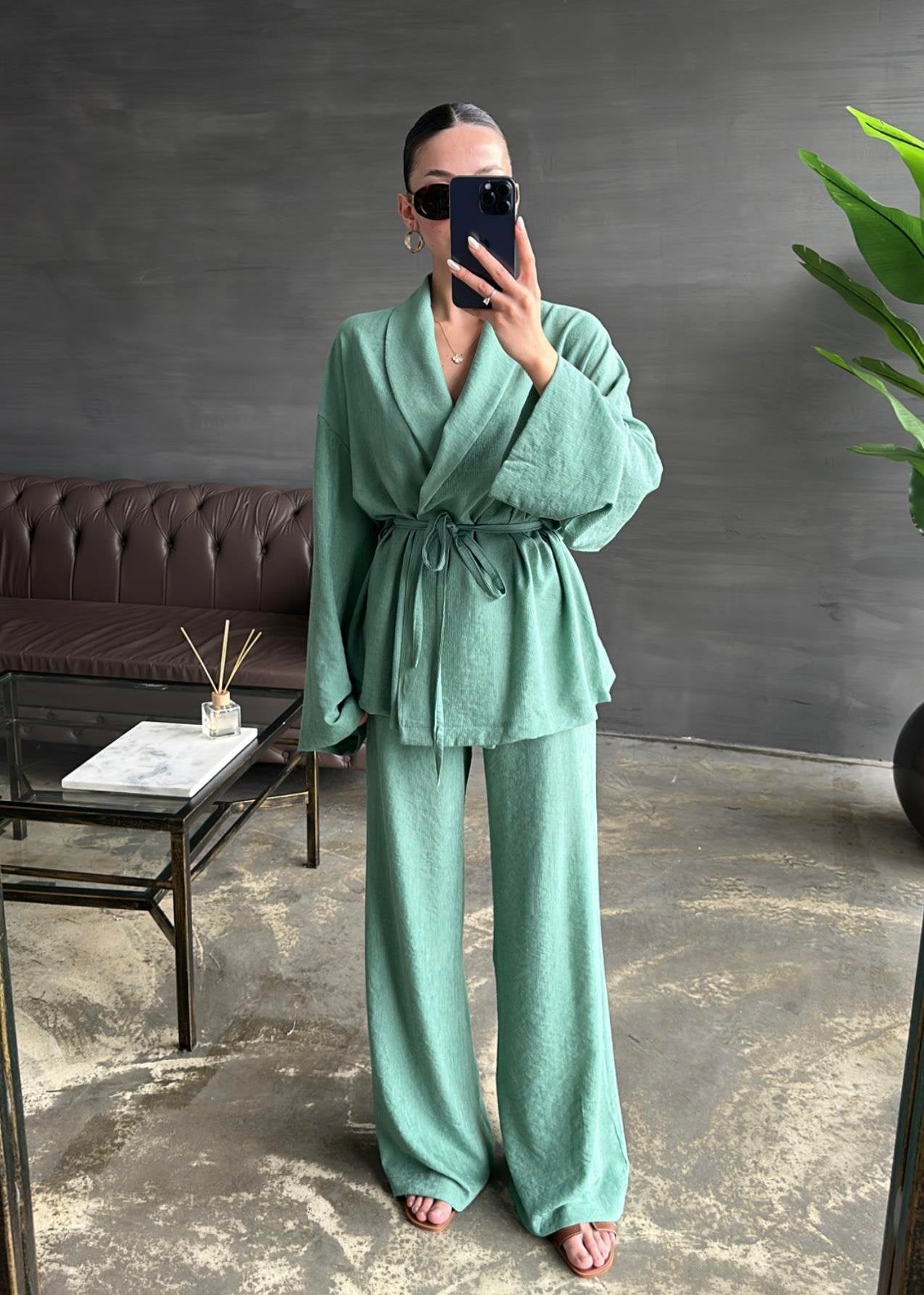 Şal Yaka Krinkıl Kimono Takım MİNT YEŞİLİ