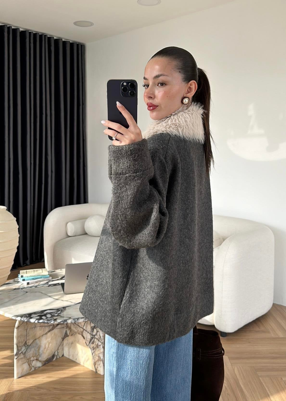 Çıkarılabilir Kürklü Hırka ANTRASİT