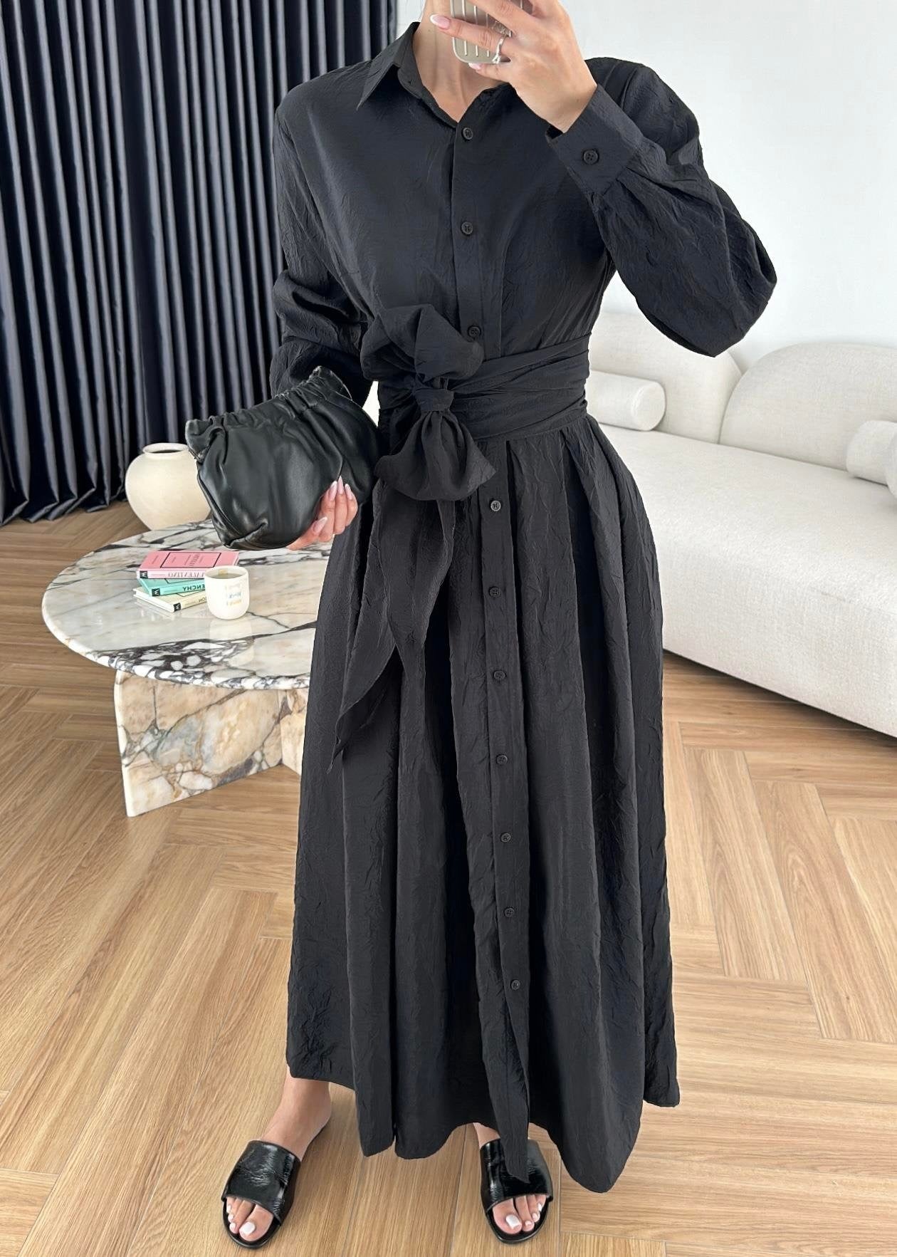 Kraşlı Beli Bağlamalı Elbise SİYAH