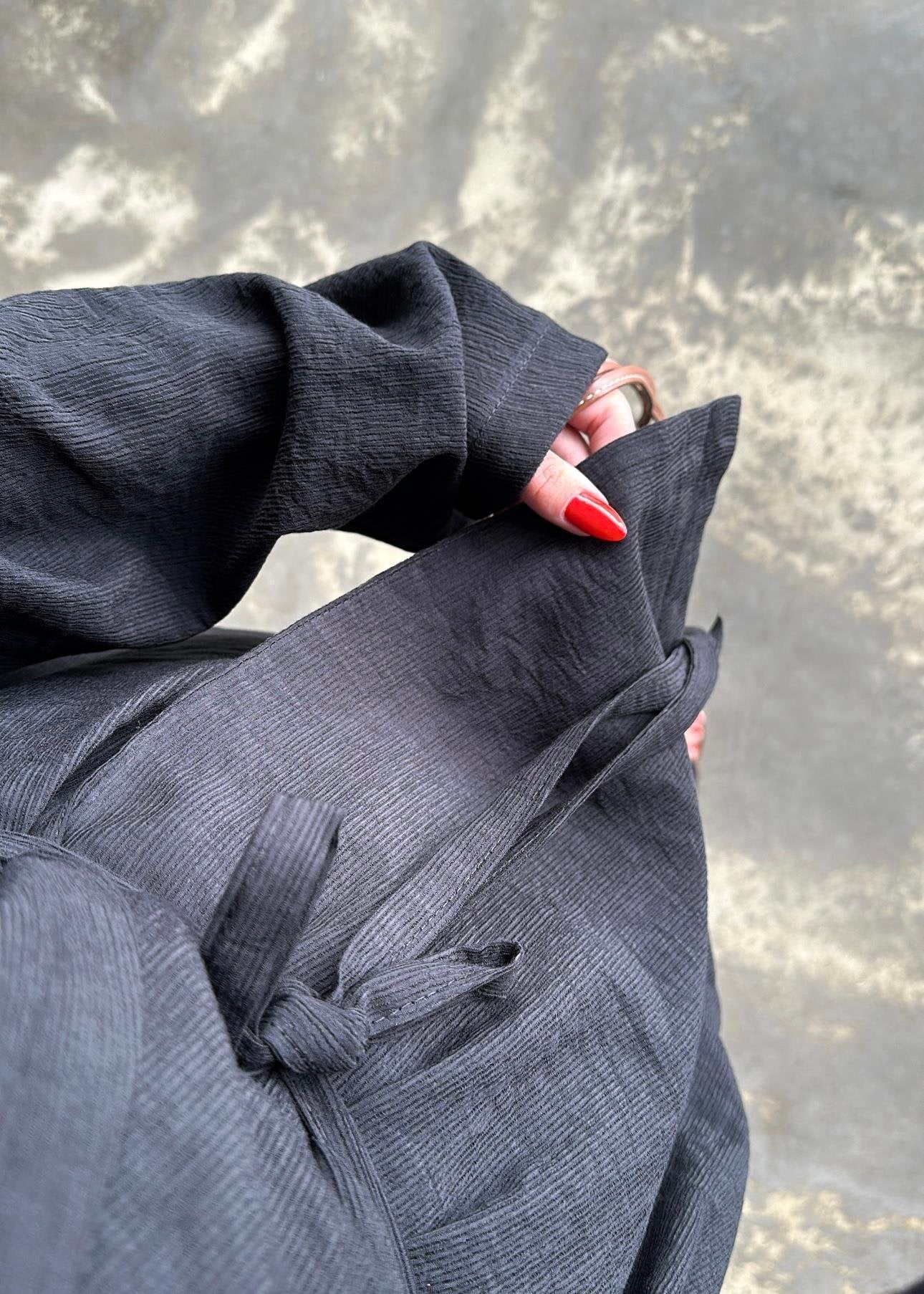 Şal Yaka Krinkıl Kimono Takım SİYAH