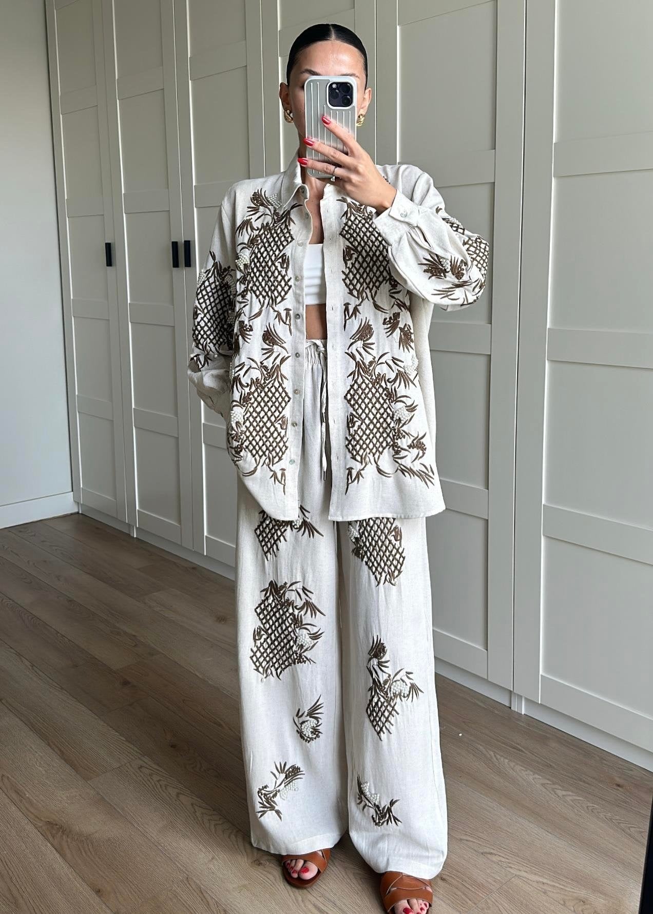 Boncuk ve Nakışlı Keten Takım NATUR