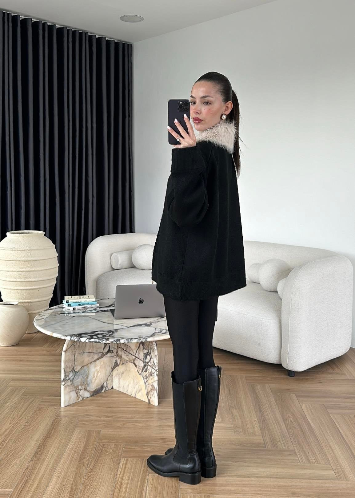 Çıkarılabilir Kürklü Hırka SİYAH