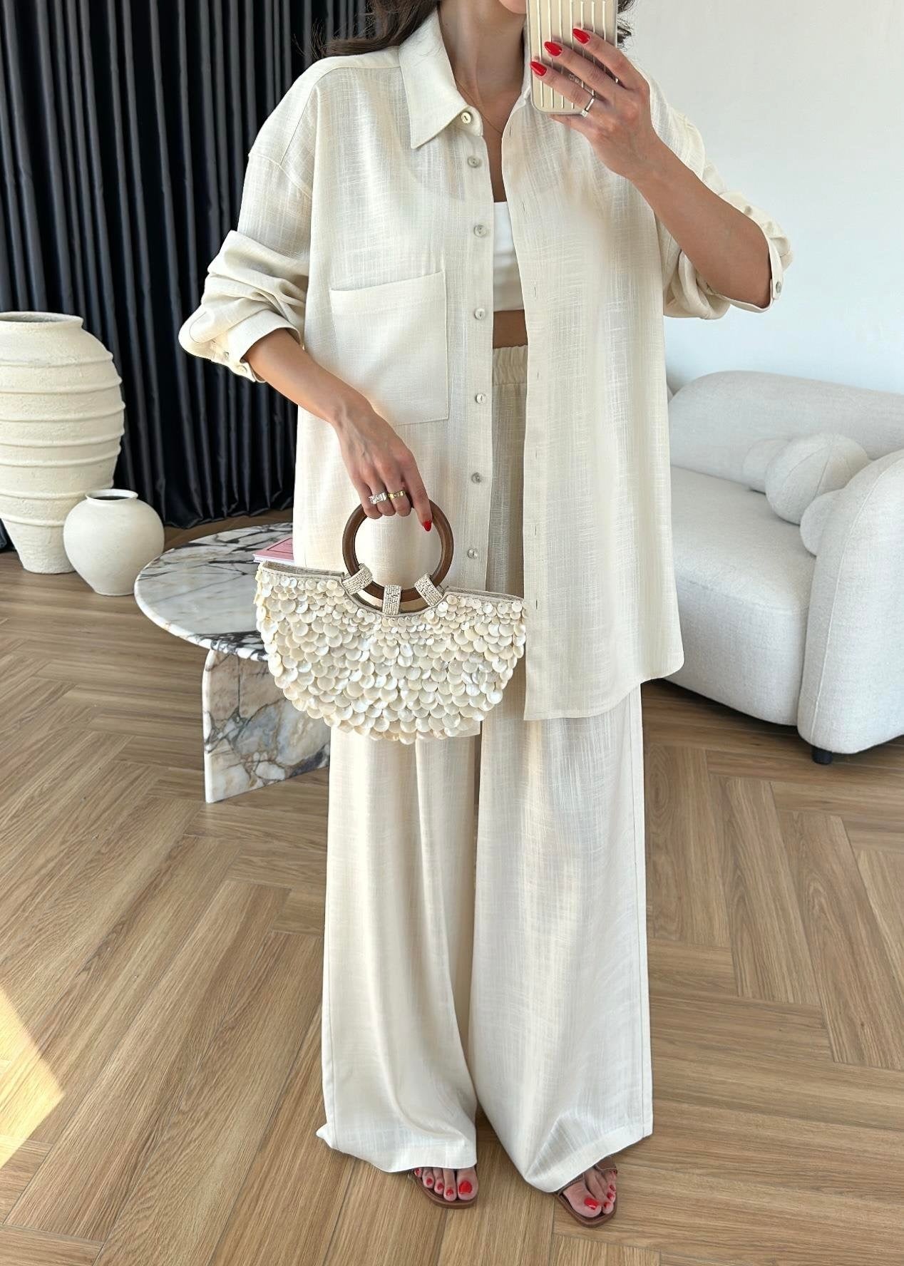 Sedef Düğmeli Uzun Keten Takım NATUR