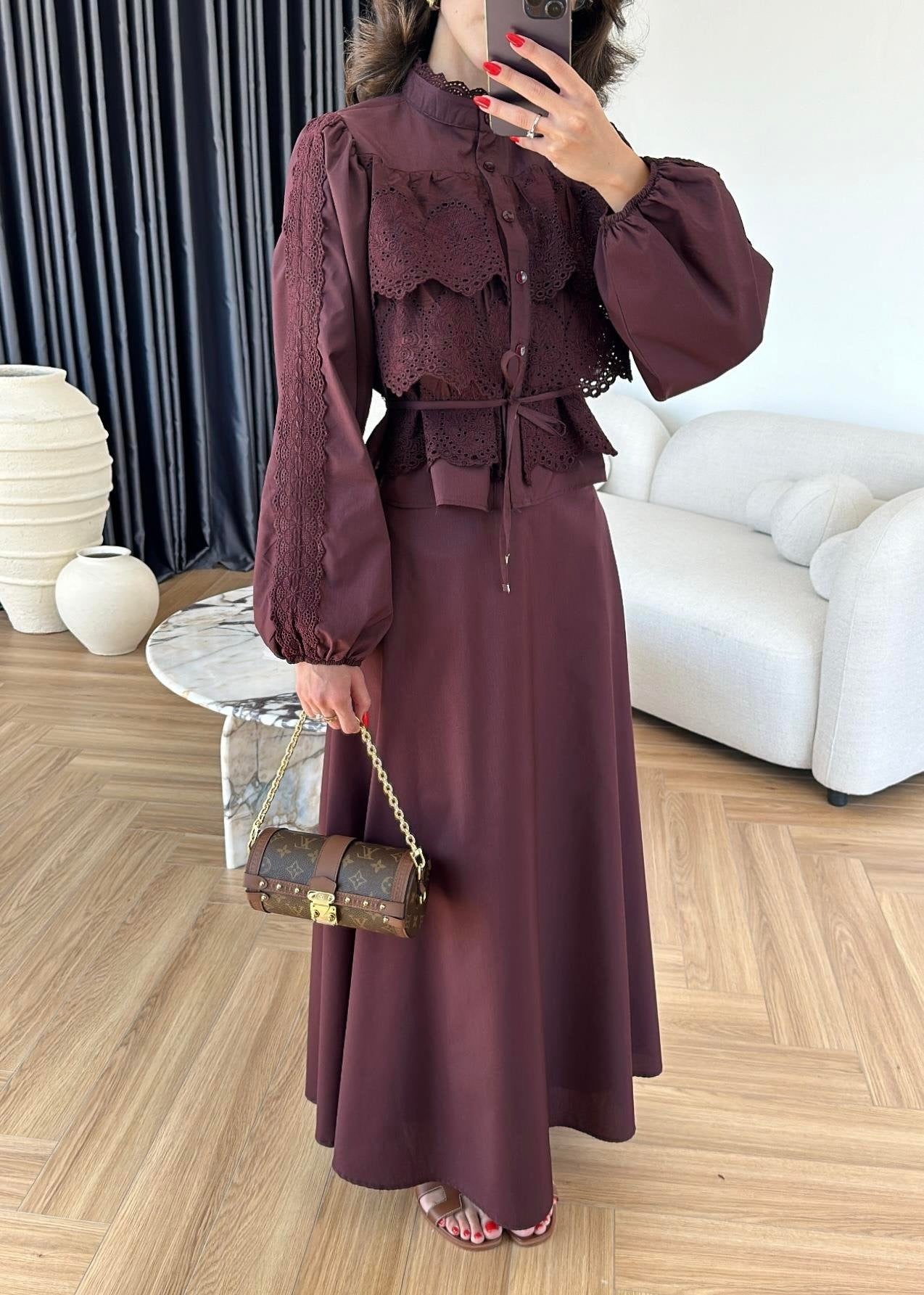 Güpürlü Çan Etekli Takım Bordo