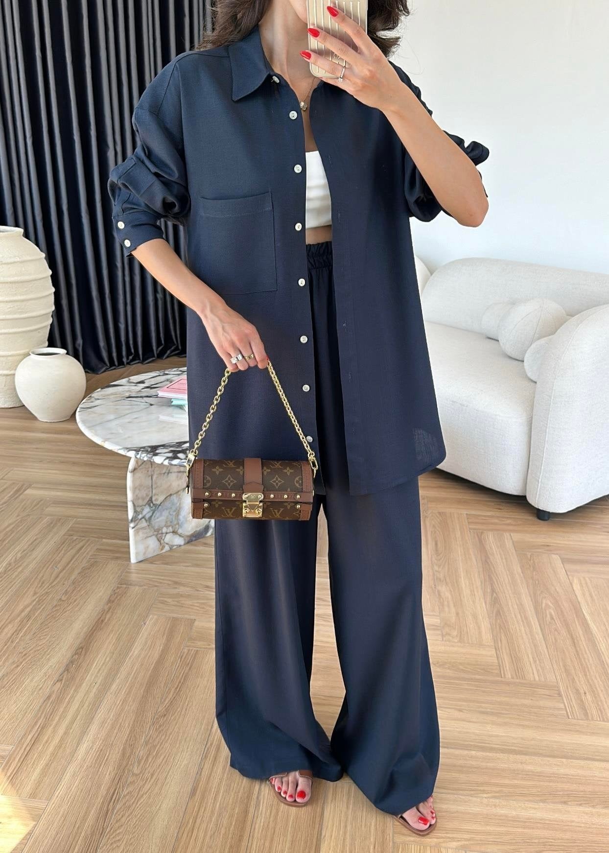 Sedef Düğmeli Uzun Keten Takım LACİVERT