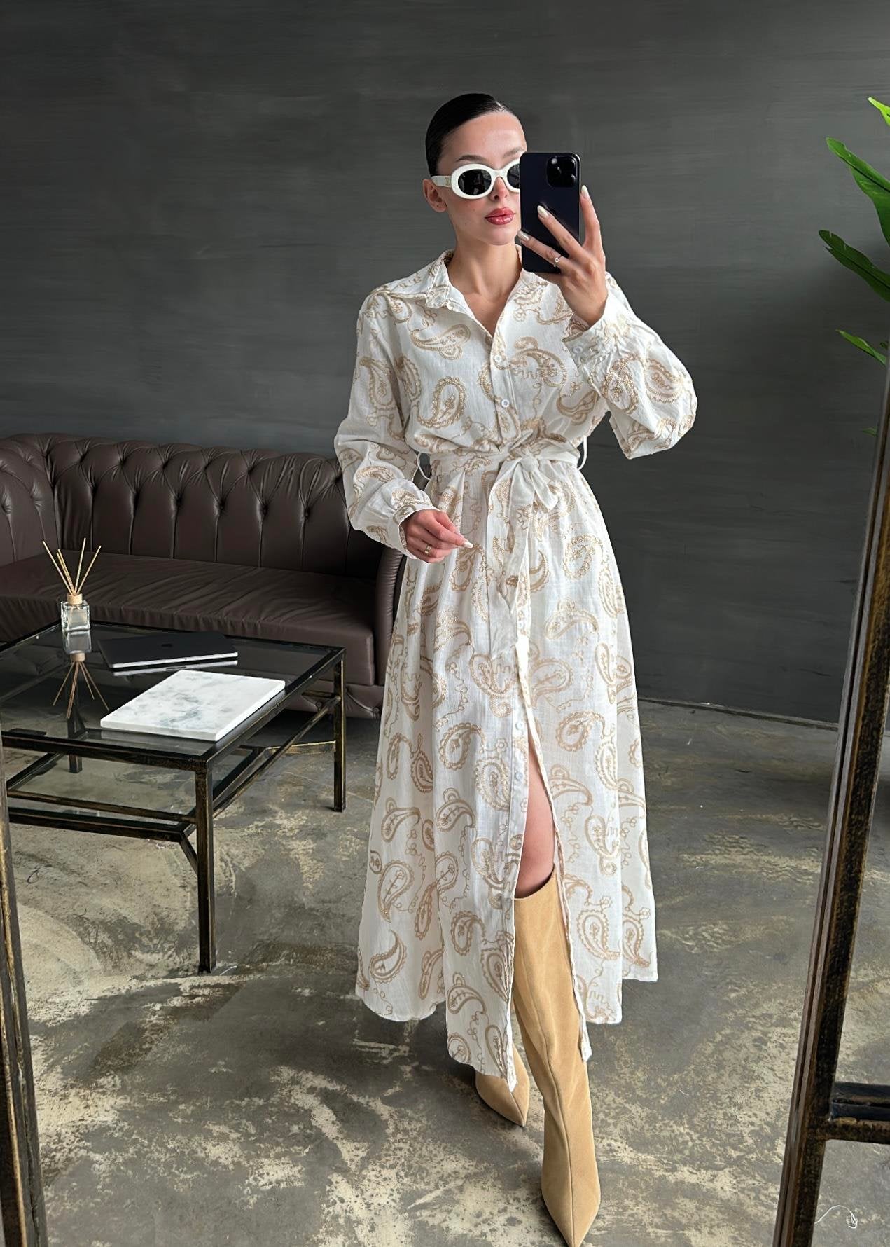 Gold İşlemeli Keten Elbise EKRU