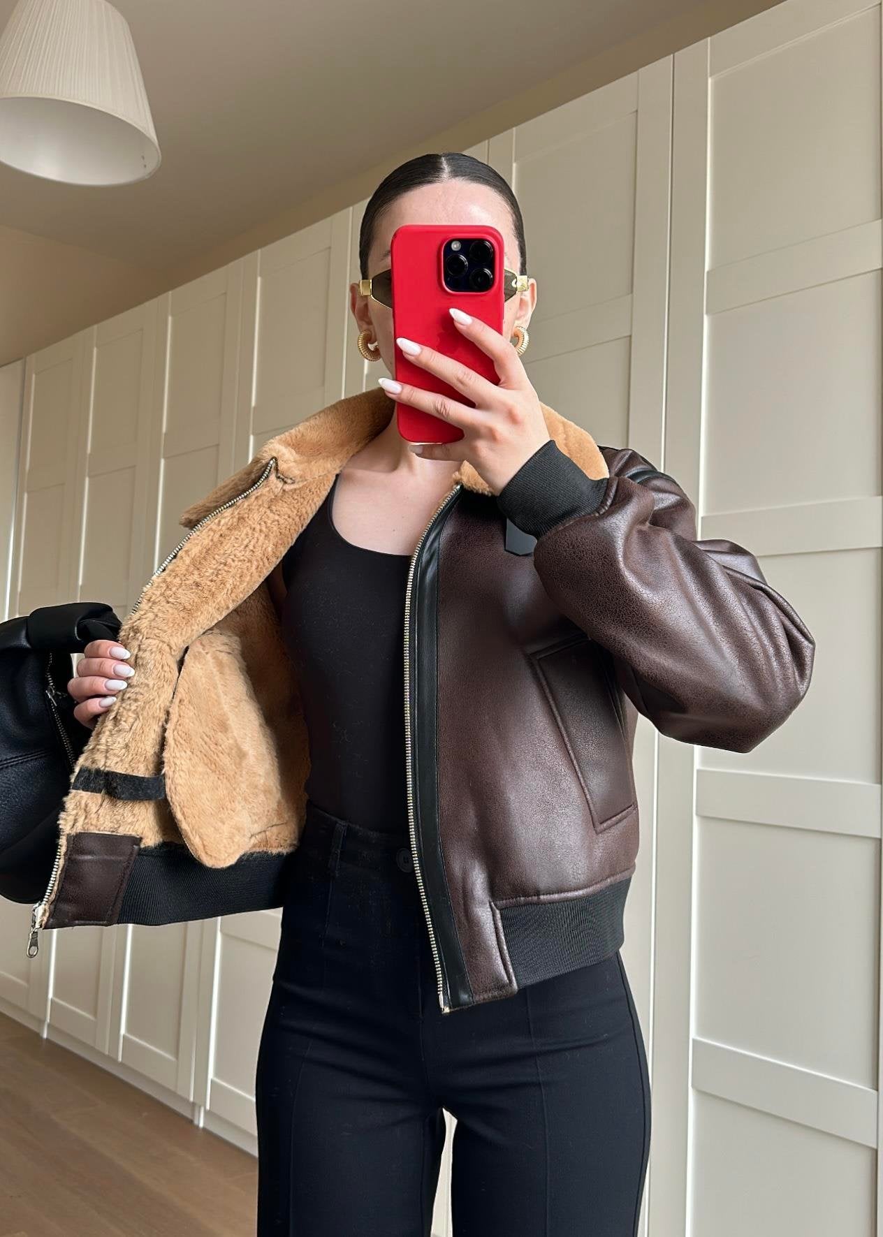 İçi Kürklü Deri Detaylı Mont KAHVERENGİ