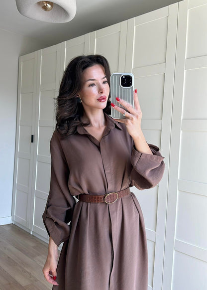 Tensel Kemerli Gömlek Elbise KAHVERENGİ