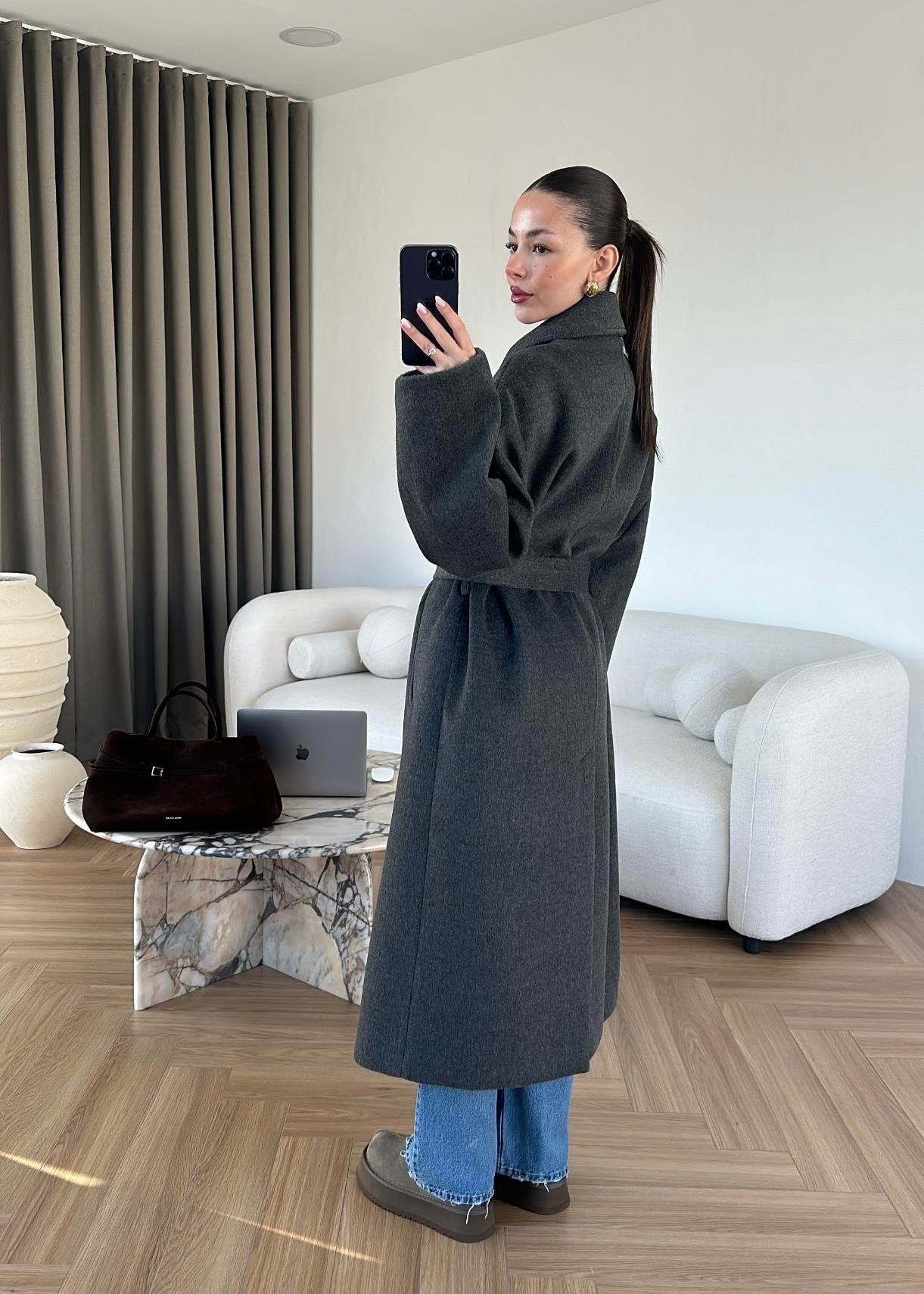 Gömlek Yakalı Kuşaklı Kaban ANTRASİT