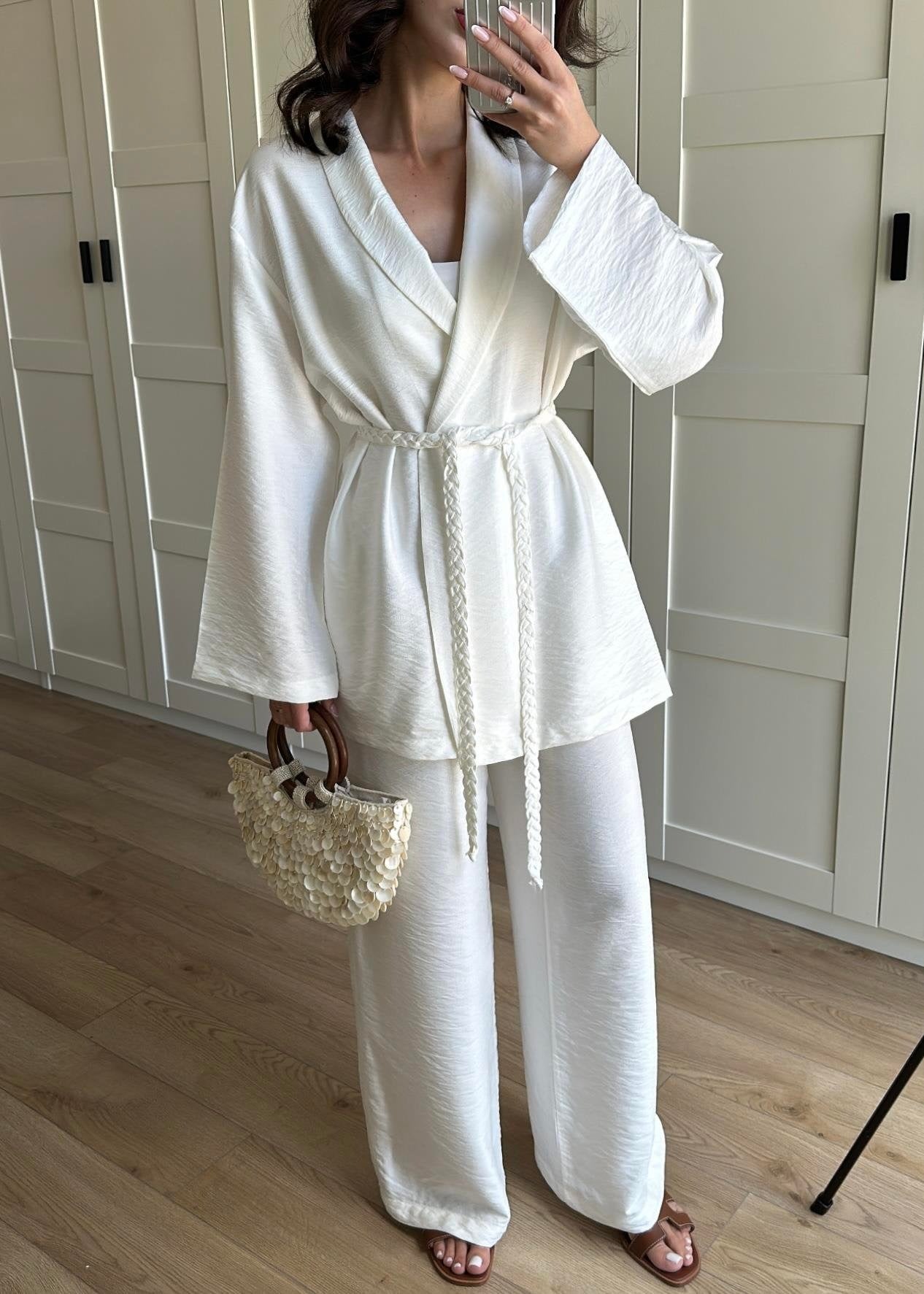 Örgü Kemerli Kimonolu Takım BEYAZ