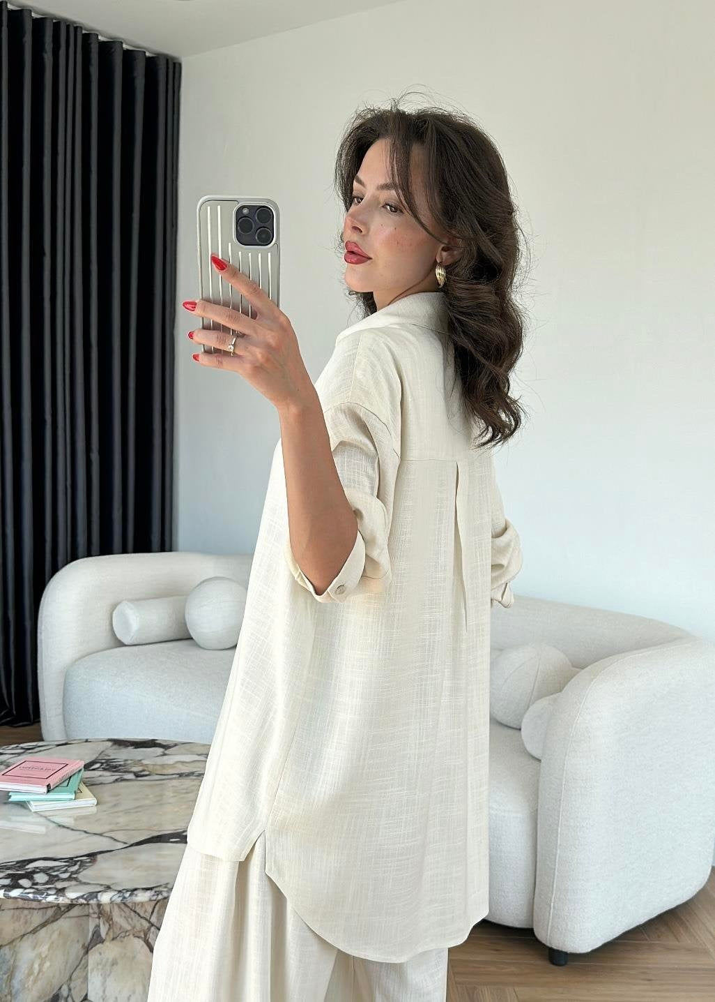 Sedef Düğmeli Uzun Keten Takım NATUR