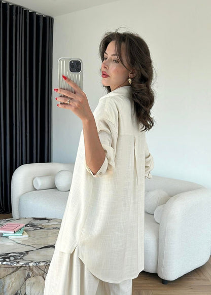 Sedef Düğmeli Uzun Keten Takım NATUR