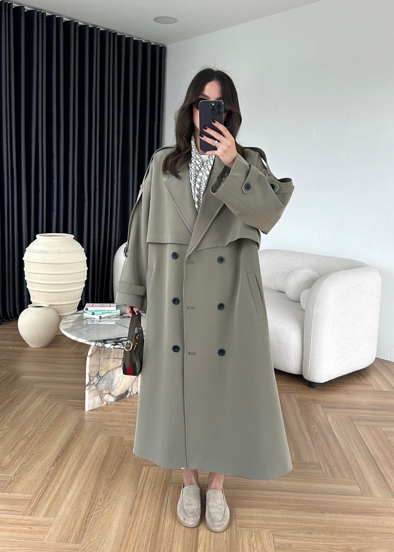 Omuzu Uzun Apoletli Trençkot HAKİ