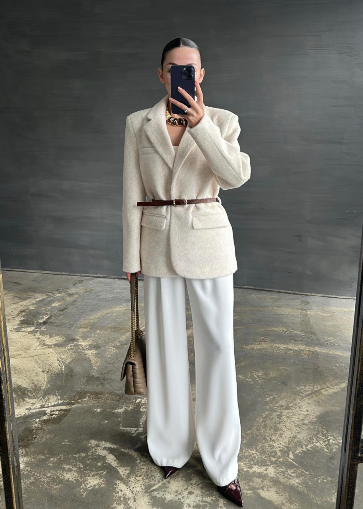 Alpaka Kemerli Ceket EKRU