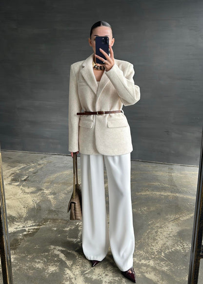 Alpaka Kemerli Ceket EKRU