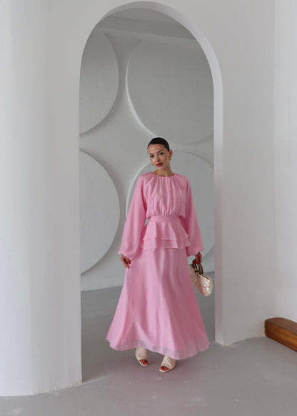 Beli Volanlı Elbise PEMBE