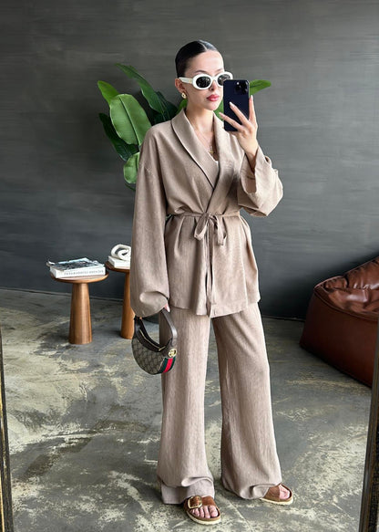 Şal Yaka Krinkıl Kimono Takım VİZON