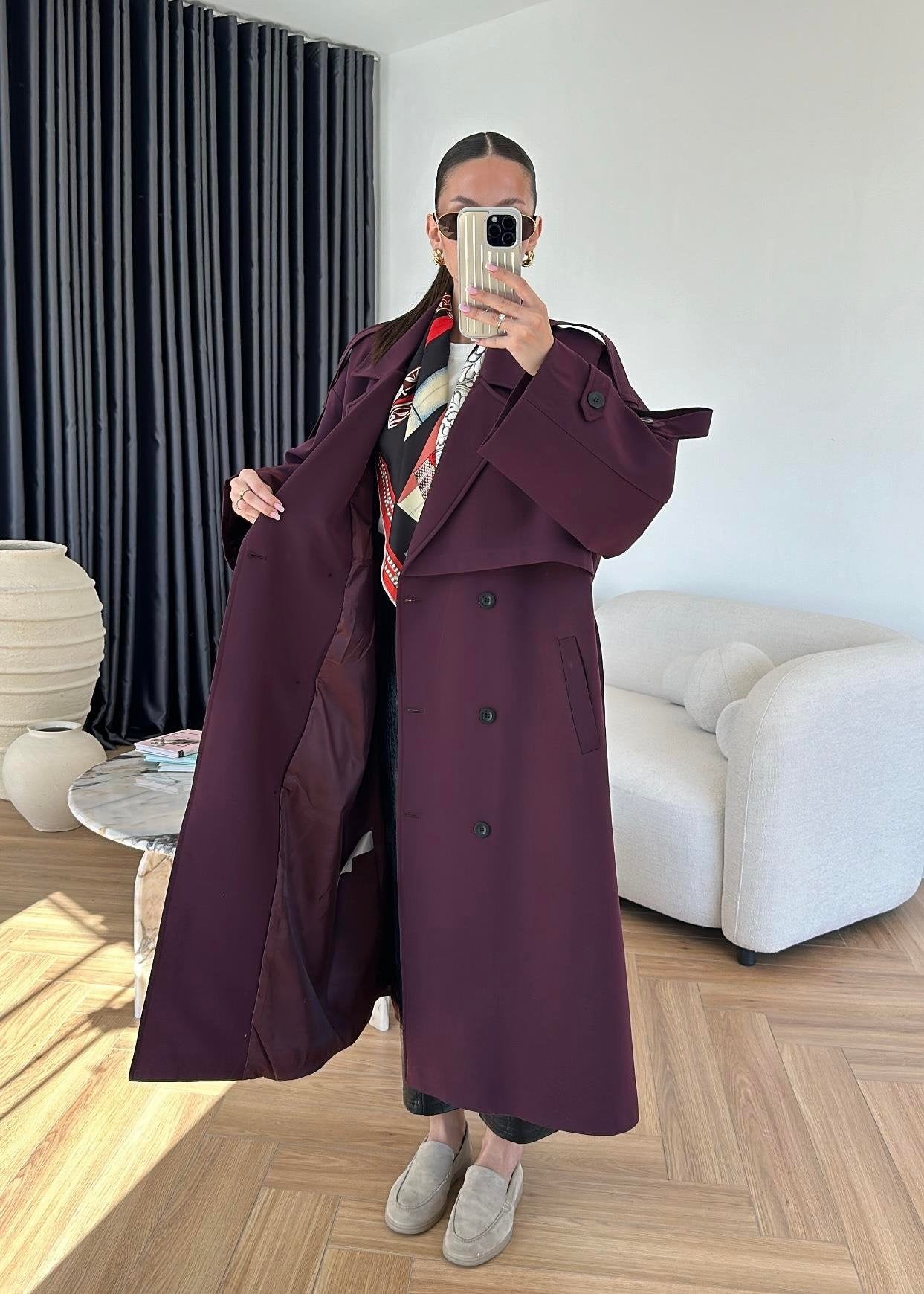 Omuzu Uzun Apoletli Trençkot MÜRDÜM