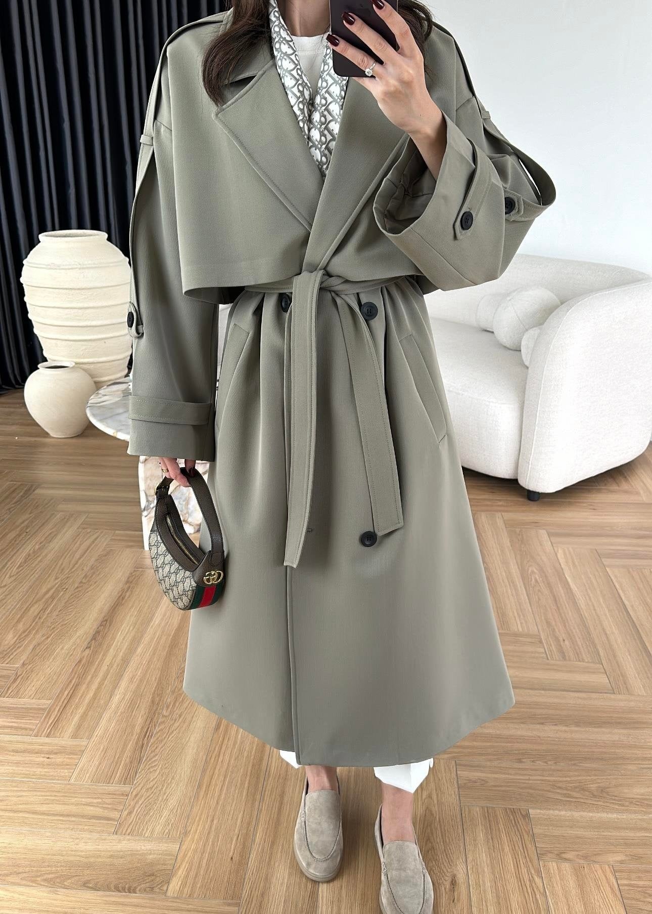 Omuzu Uzun Apoletli Trençkot HAKİ