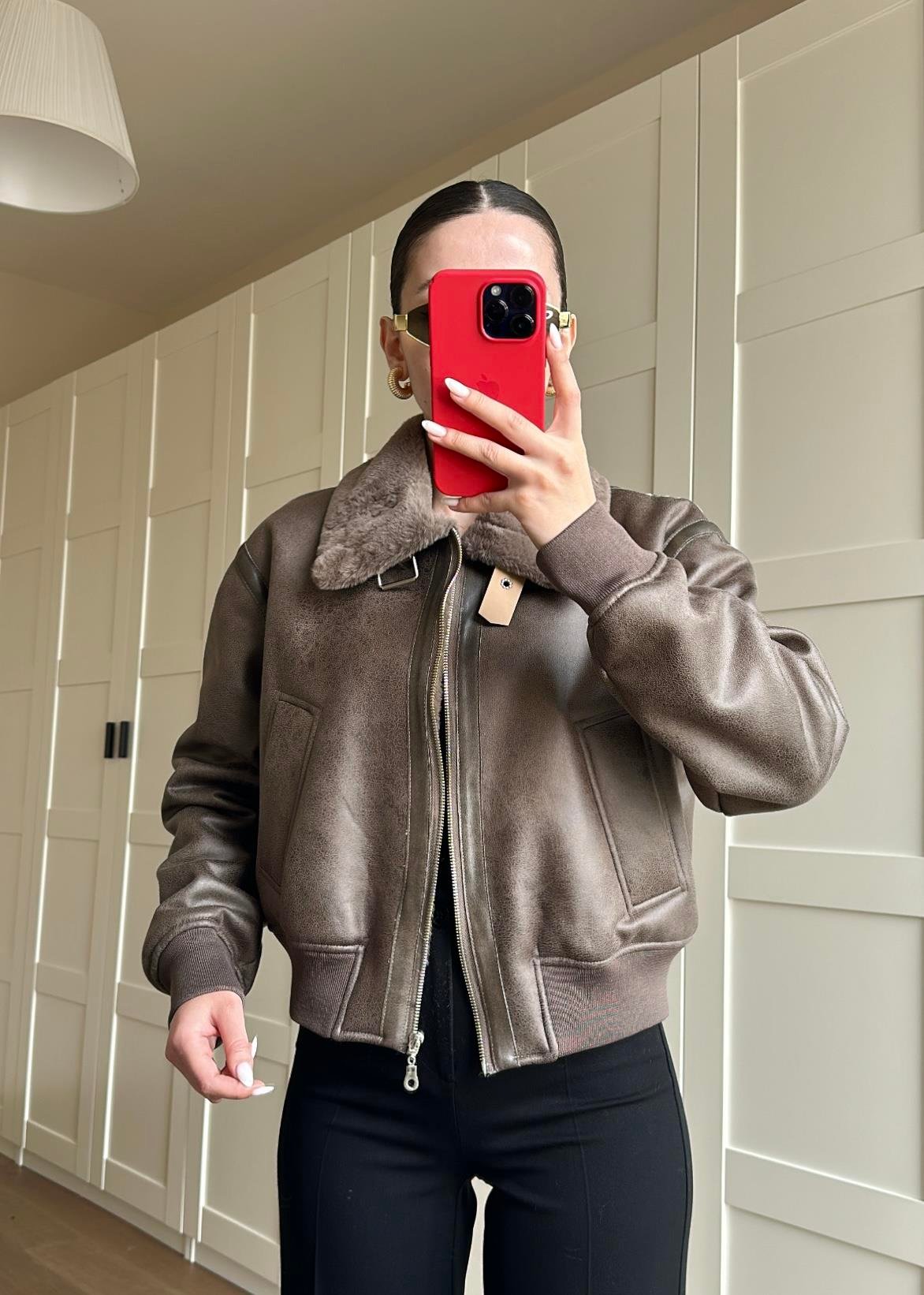 İçi Kürklü Deri Detaylı Mont VİZON