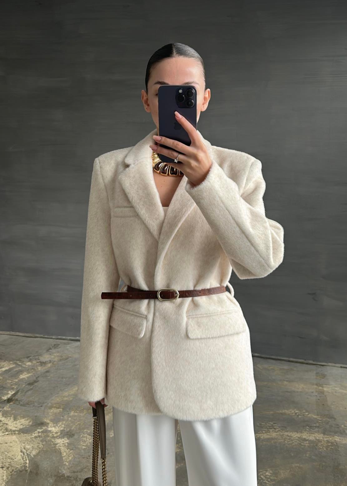 Alpaka Kemerli Ceket EKRU