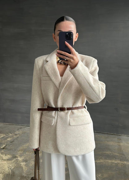 Alpaka Kemerli Ceket EKRU