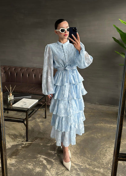 Çiçek Desenli Fırfırlı Elbise BEBE MAVİ