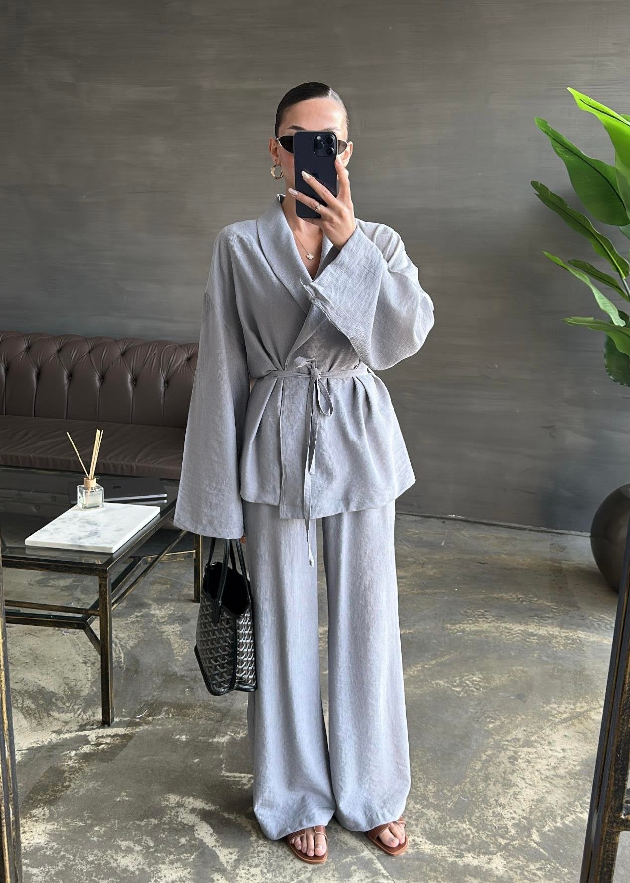 Şal Yaka Krinkıl Kimono Takım GRİ