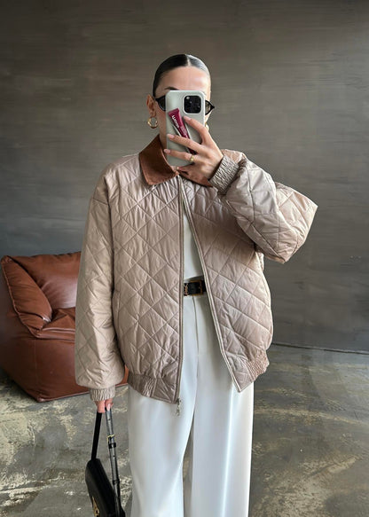 Süet Yakalı Kapitone Mont BEJ