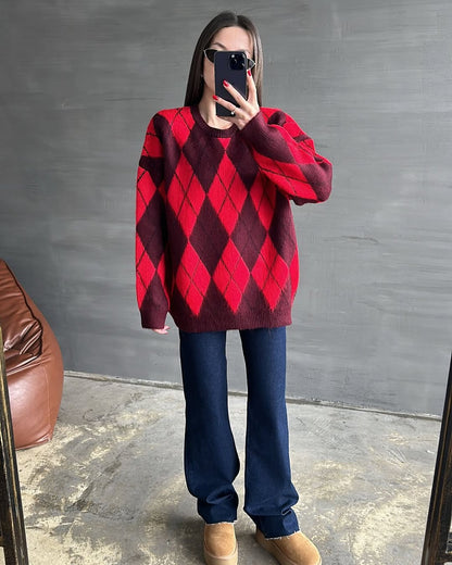 Kırmızı Şardonlu Baklava Desenli Kazak