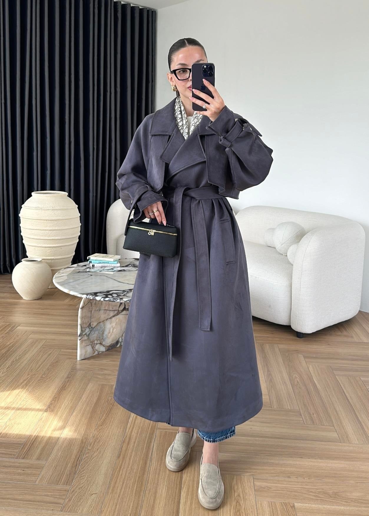 Apoletli Süet Trençkot ANTRASİT