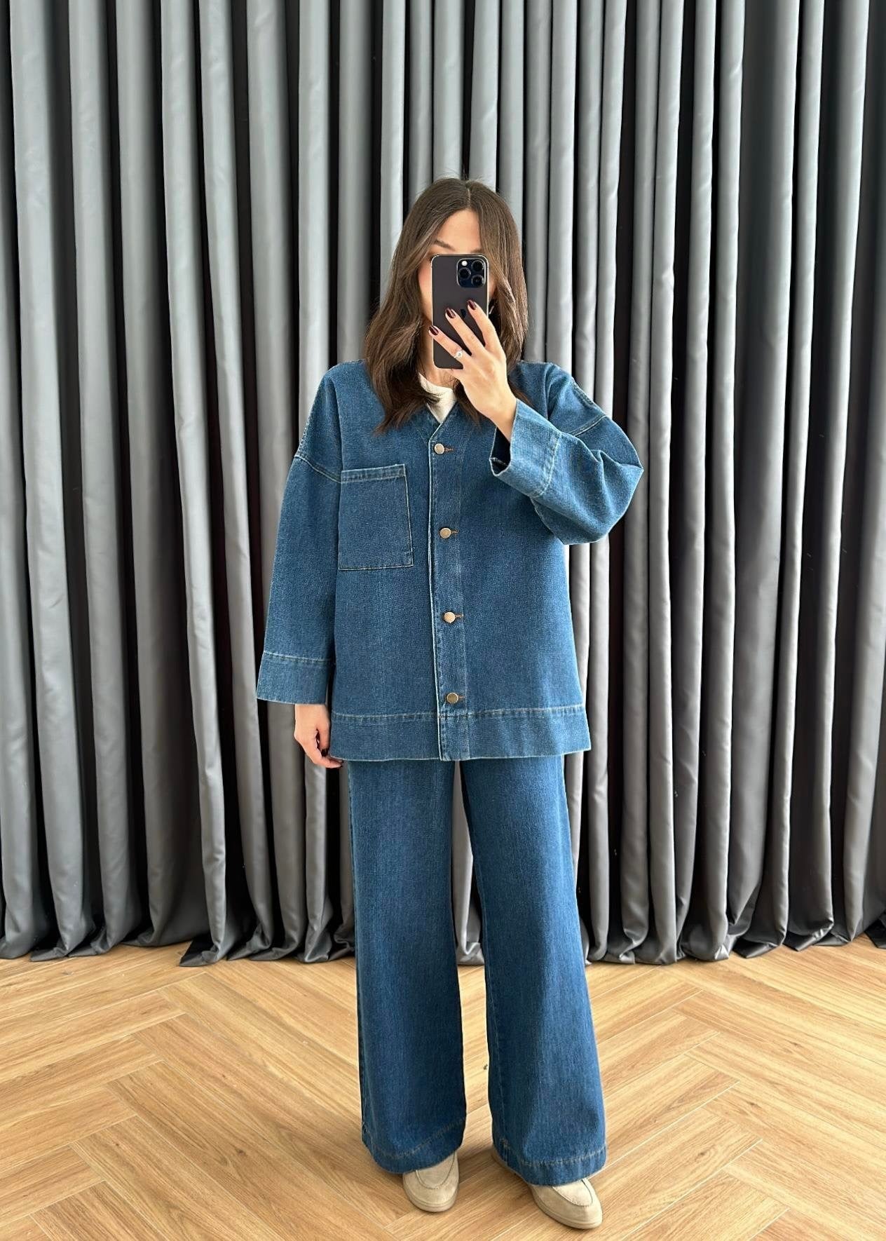 V Yakalı Denim Takım KOYU MAVİ