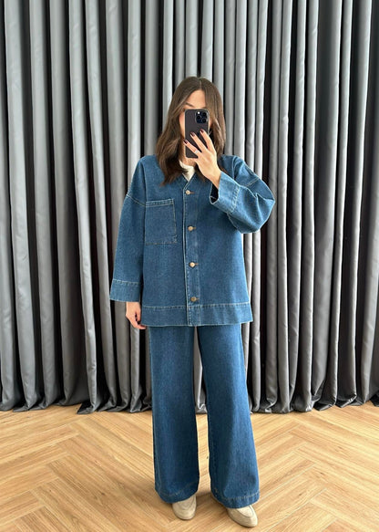 V Yakalı Denim Takım KOYU MAVİ