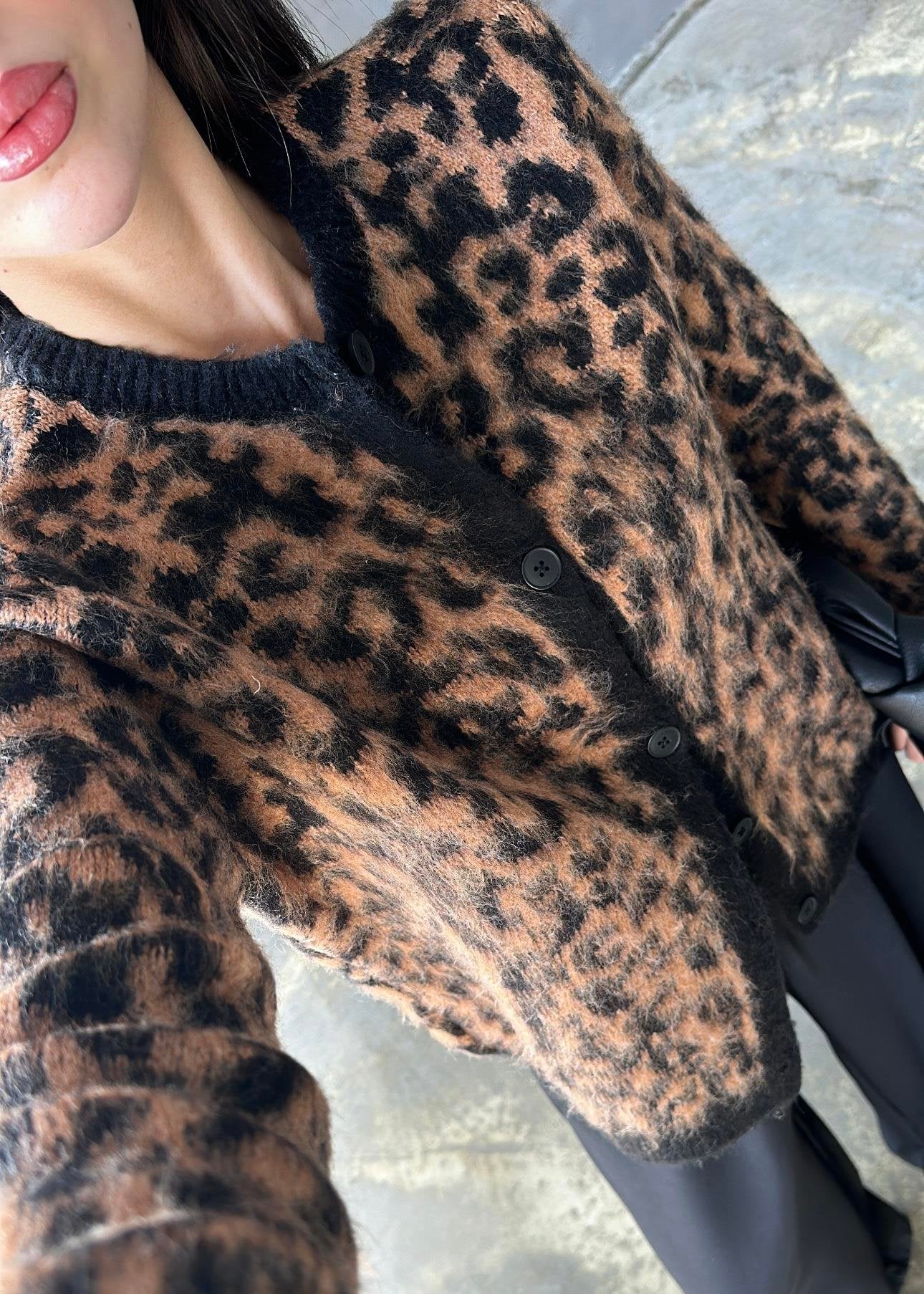 Yün Efekt Leopar Hırka SİYAH