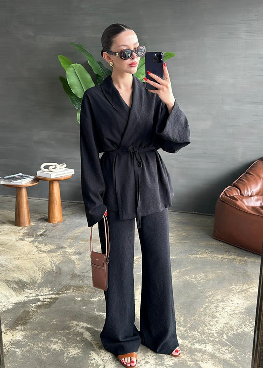 Şal Yaka Krinkıl Kimono Takım SİYAH