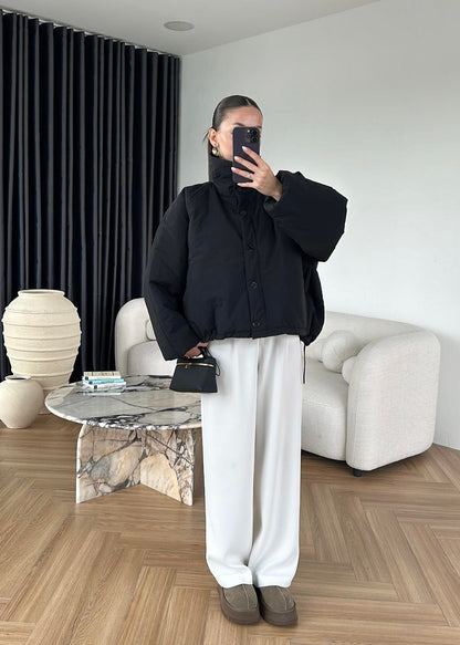 Dik Yakalı Arkası Uzun Mont SİYAH