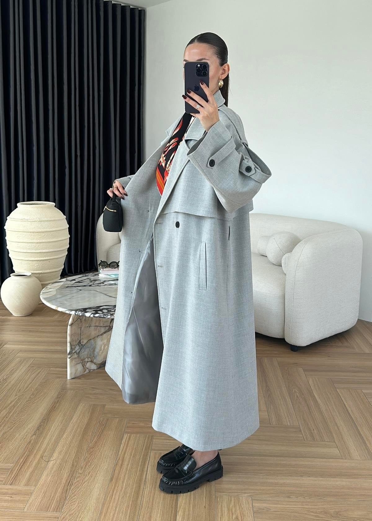 Omuzu Uzun Apoletli Trençkot AÇIK GRİ