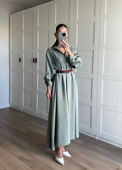Tensel Kemerli Gömlek Elbise MİNT YEŞİLİ